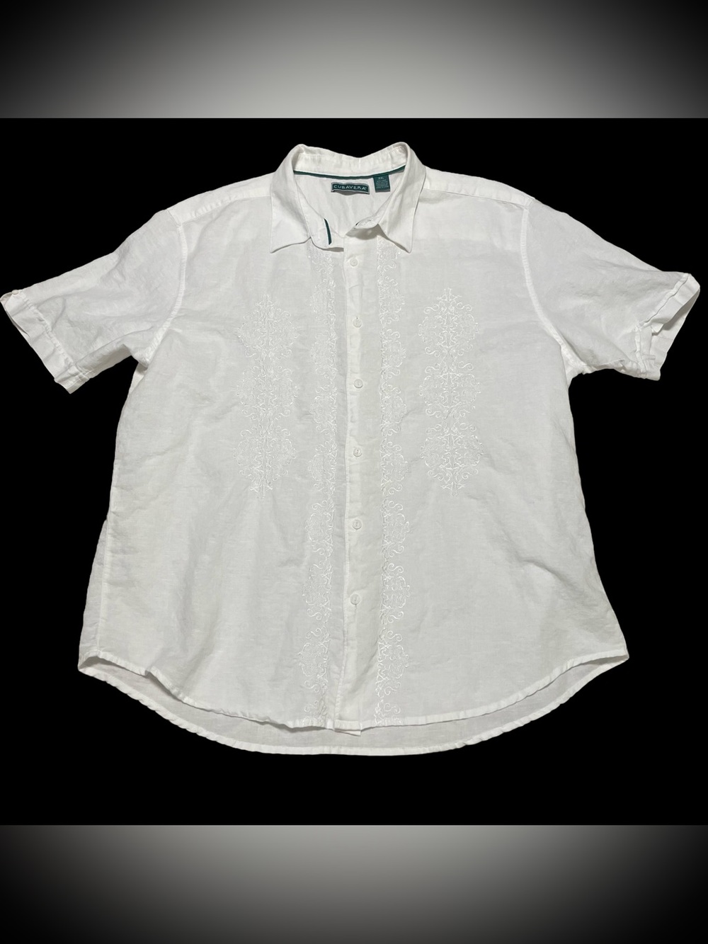 Cubavera White Embroidered Short-Sleeve Linen/Cotton Button-Down Shirt